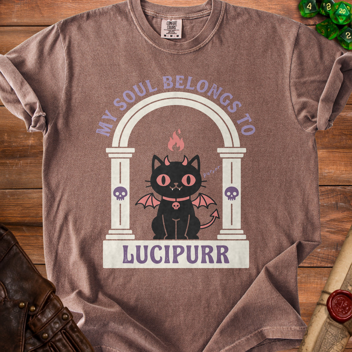 Brown t-shirt with a graphic of a devil cat, horns, wings, and the text "My Soul Belongs To Lucipurr".