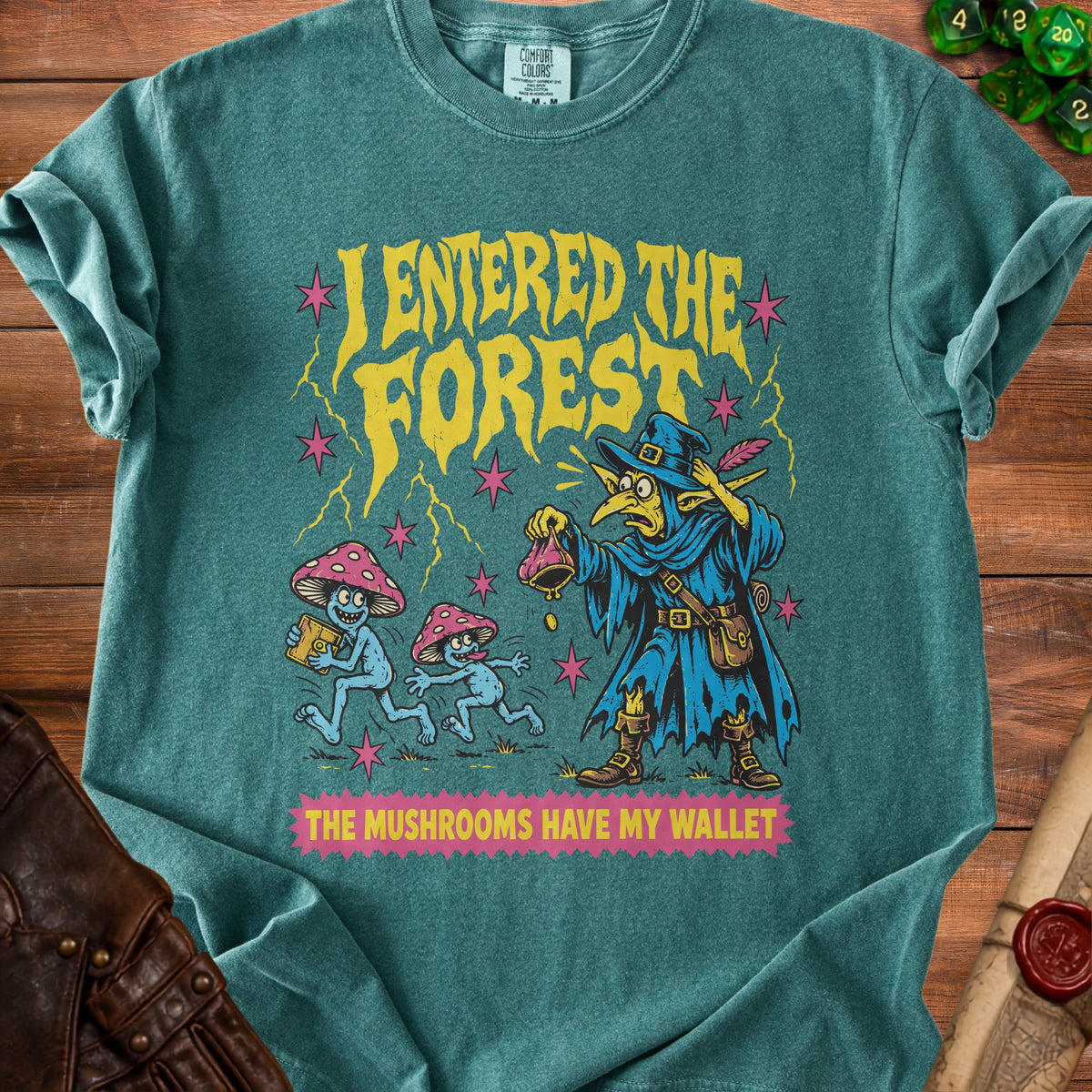 T-shirt with wizard, mushroom people, and text "I ENTERED THE FOREST".