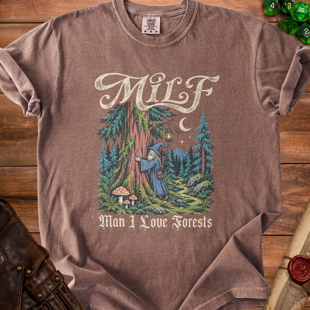 Brown t-shirt with "MILF" and wizard in forest graphic, "Man I Love Forests".