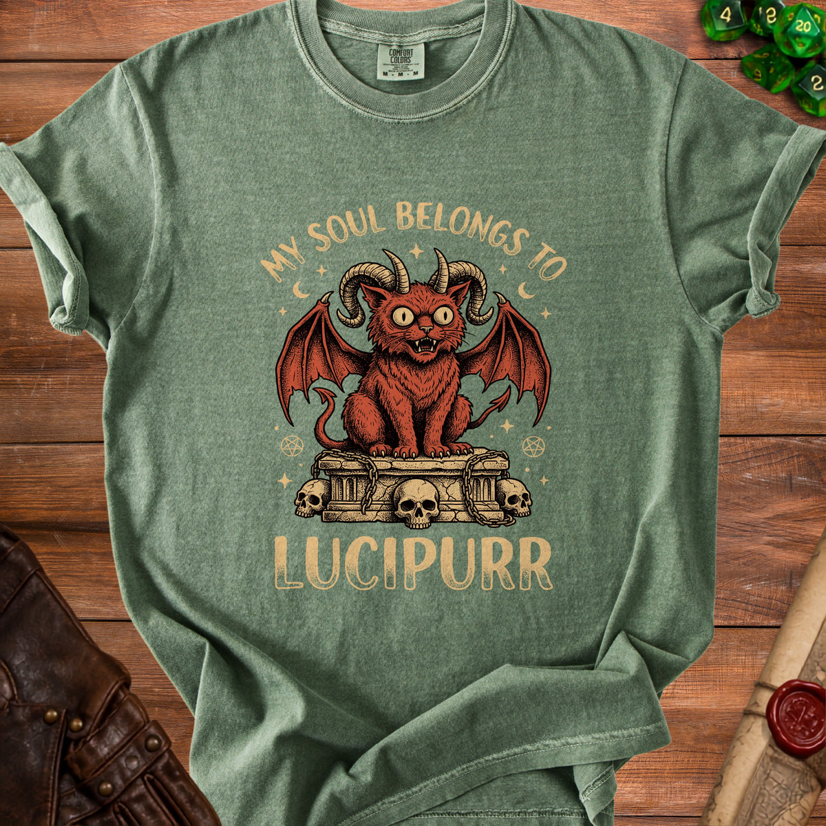 Green t-shirt with a demon cat graphic and the text "My Soul Belongs To Lucipurr."