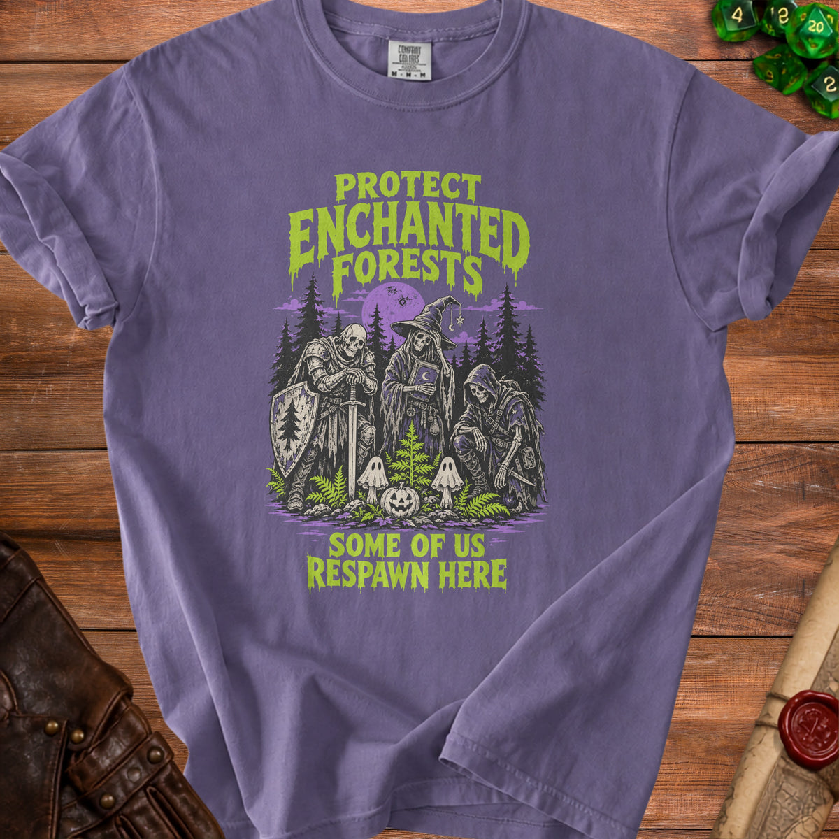 Purple t-shirt with "Protect Enchanted Forests" and "Some of Us Respawn Here" text.