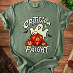 Green t-shirt with ghost, pumpkins, dice, and text "Critical Fright".