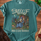 T-shirt with a wizard, cat, owl, raven, and the text "MILF Man I Love Familiars."