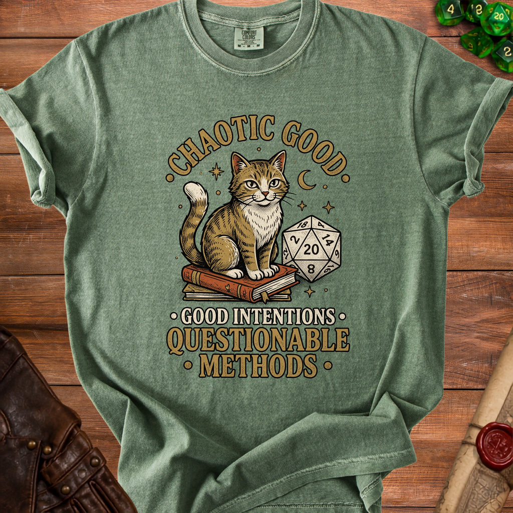 Green t-shirt with cat, books, and dice graphic reading "Chaotic Good".