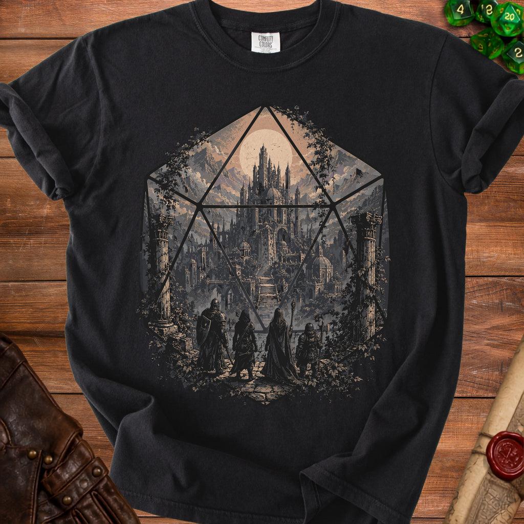 Black t-shirt with fantasy castle scene inside a d20 die.