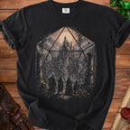 Black t-shirt with fantasy castle scene inside a d20 die.