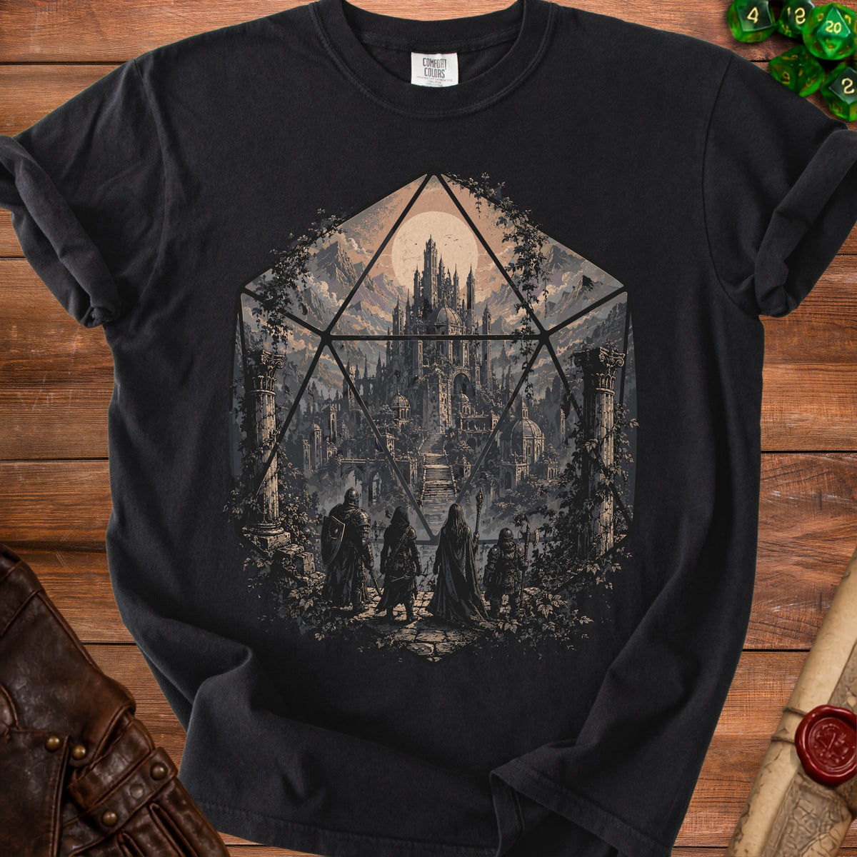 Black t-shirt with fantasy castle scene inside a d20 die.