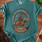 Grim reaper on horseback with text "The Fifth Horseman Stupidity"