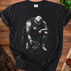 Black t-shirt with knight tending to a wilting plant and text "I TRIED TO KEEP IT ALIVE".