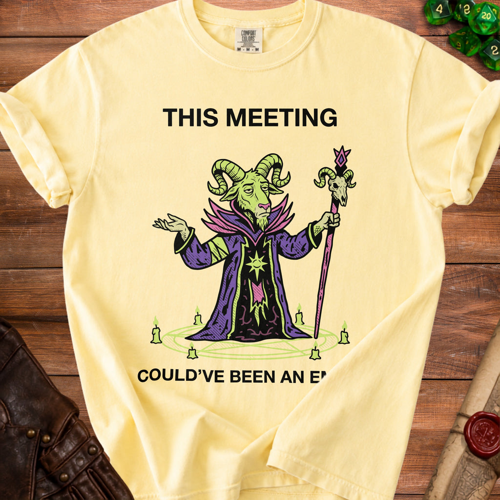 Yellow t-shirt with a cartoon goat wizard and text "THIS MEETING COULD'VE BEEN AN E".