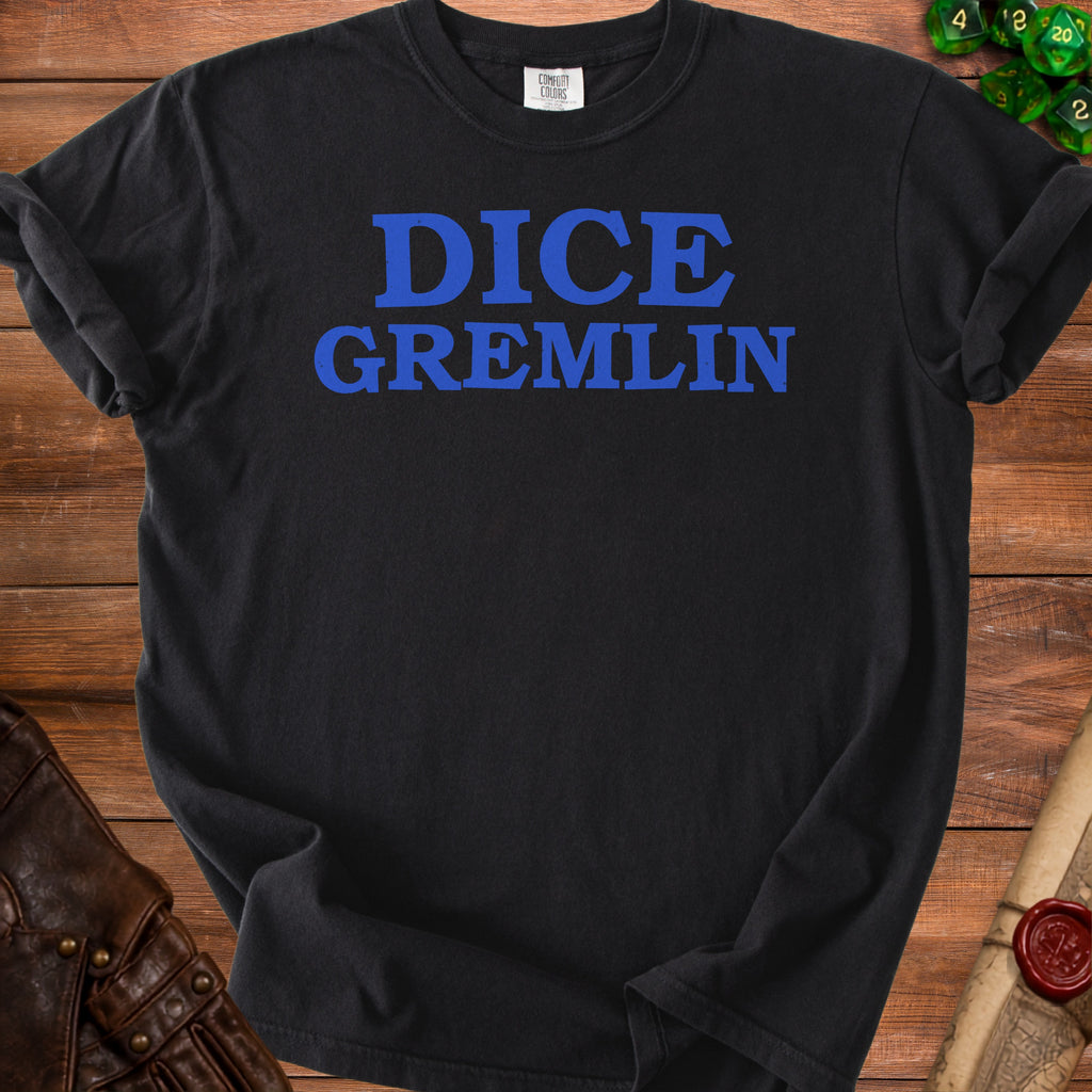 Black t-shirt with blue text "DICE GREMLIN" and Comfort Colors label.