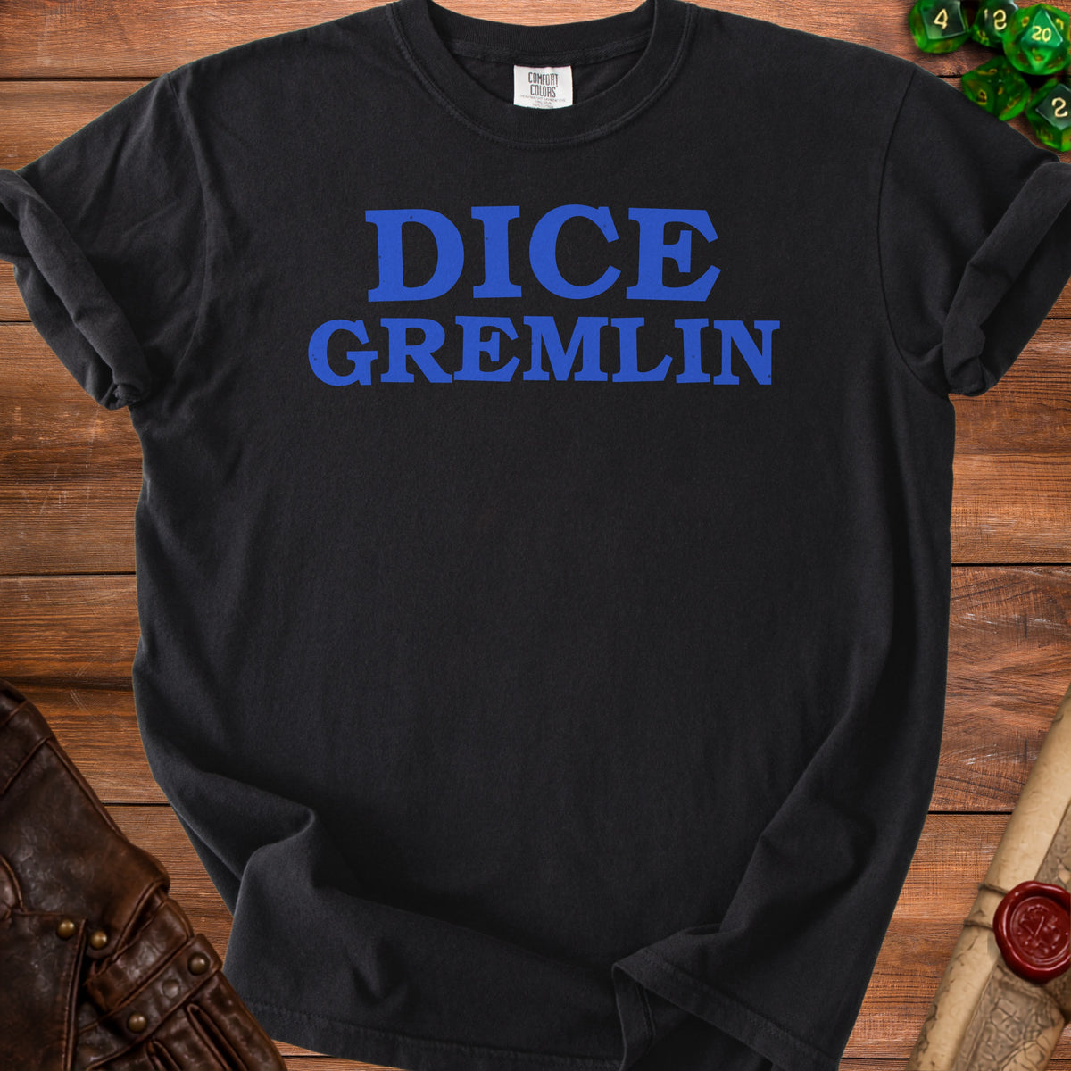 Black t-shirt with blue text "DICE GREMLIN" and Comfort Colors label.
