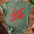Green t-shirt with red "Loot Baby" text and a d20 die.