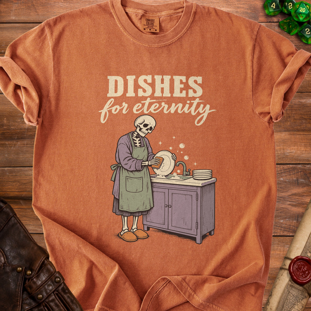 Skeleton washing dishes with text "Dishes for eternity" on an orange t-shirt.