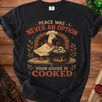 Goose in chef hat stirring skulls in cauldron. Peace was never an option.