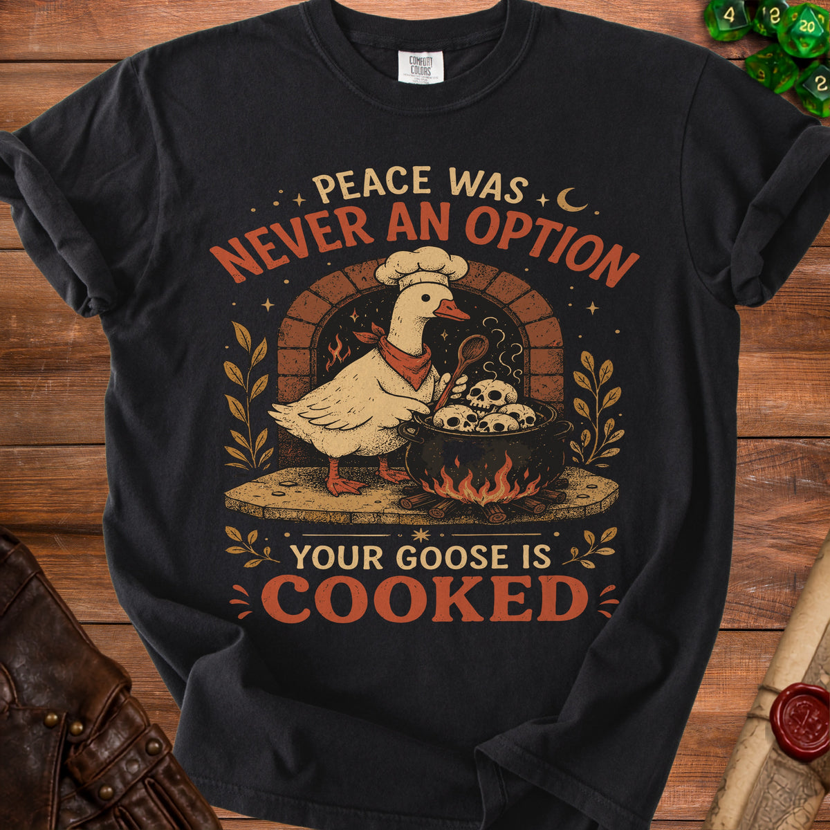 Goose in chef hat stirring skulls in cauldron. Peace was never an option.