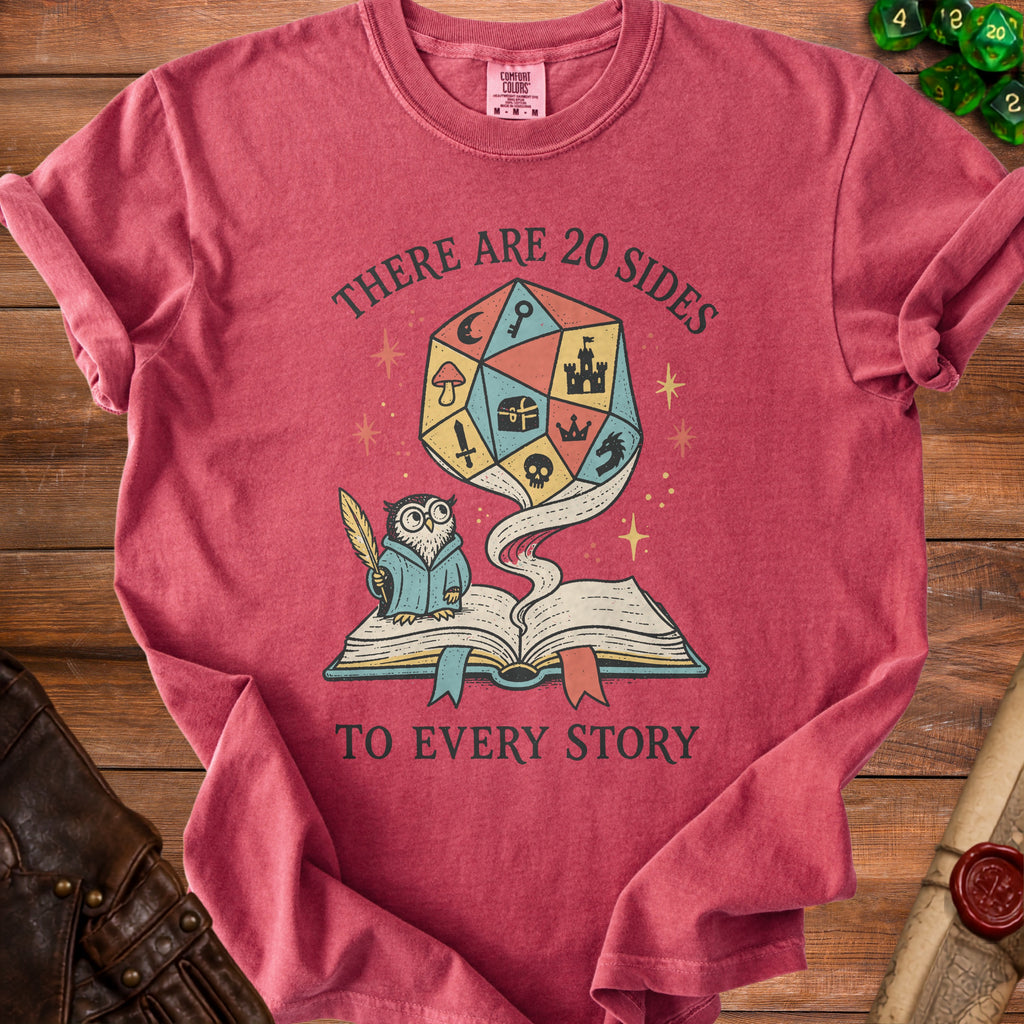 Red t-shirt with owl, open book, and 20-sided die graphic, "There are 20 sides to every story."