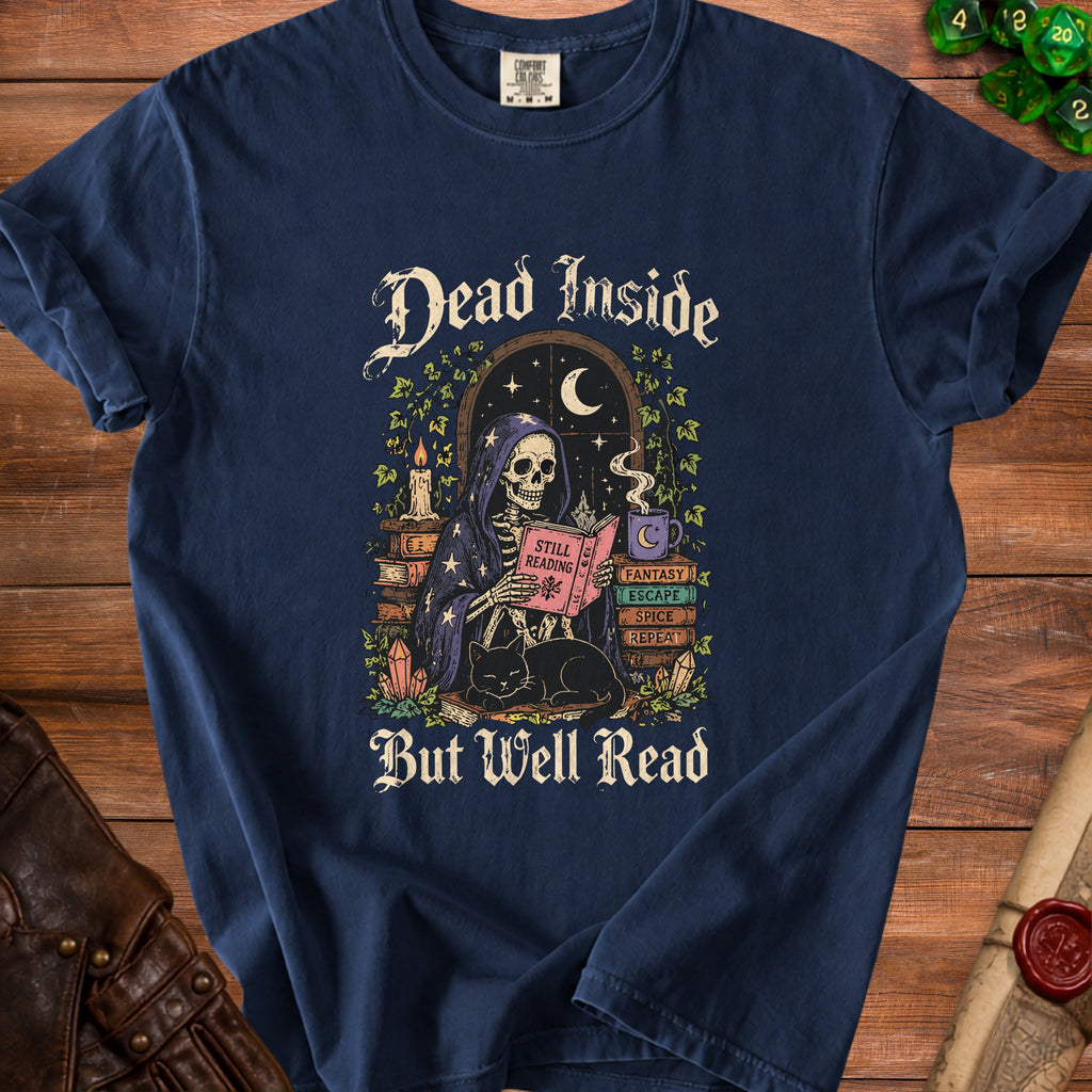 Skeleton reading a book with a cat, text says "Dead Inside But Well Read".
