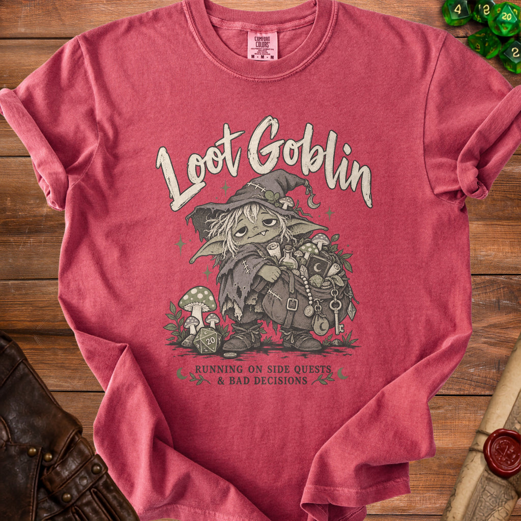 T-shirt graphic of a goblin with a loot bag and the text "Loot Goblin Running On Side Quests & Bad Decisions".