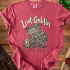 T-shirt graphic of a goblin with a loot bag and the text "Loot Goblin Running On Side Quests & Bad Decisions".