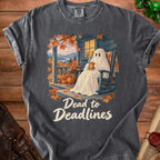 Ghost in rocking chair on porch with pumpkins and autumn leaves, text "Dead to Deadlines."