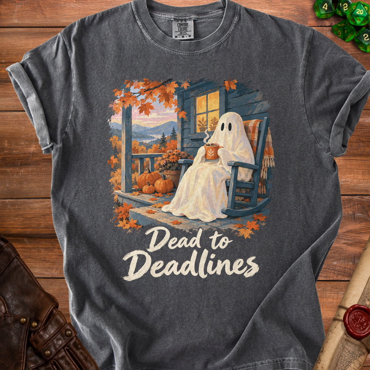 Ghost in rocking chair on porch with pumpkins and autumn leaves, text "Dead to Deadlines."