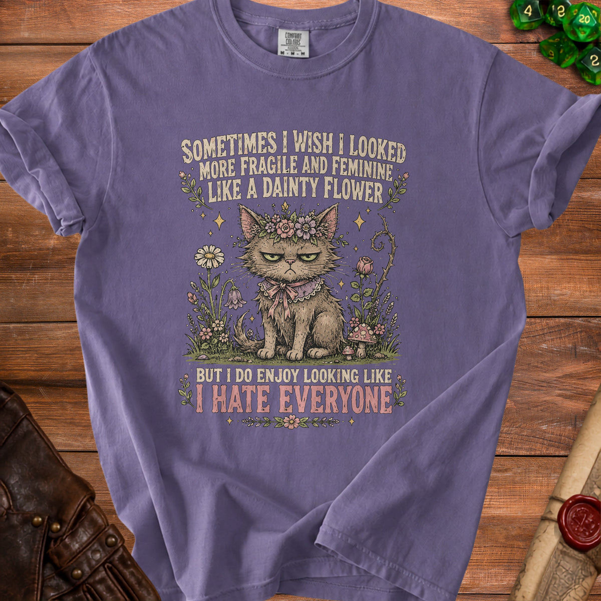 Purple t-shirt with a grumpy cat illustration and text "I HATE EVERYONE".