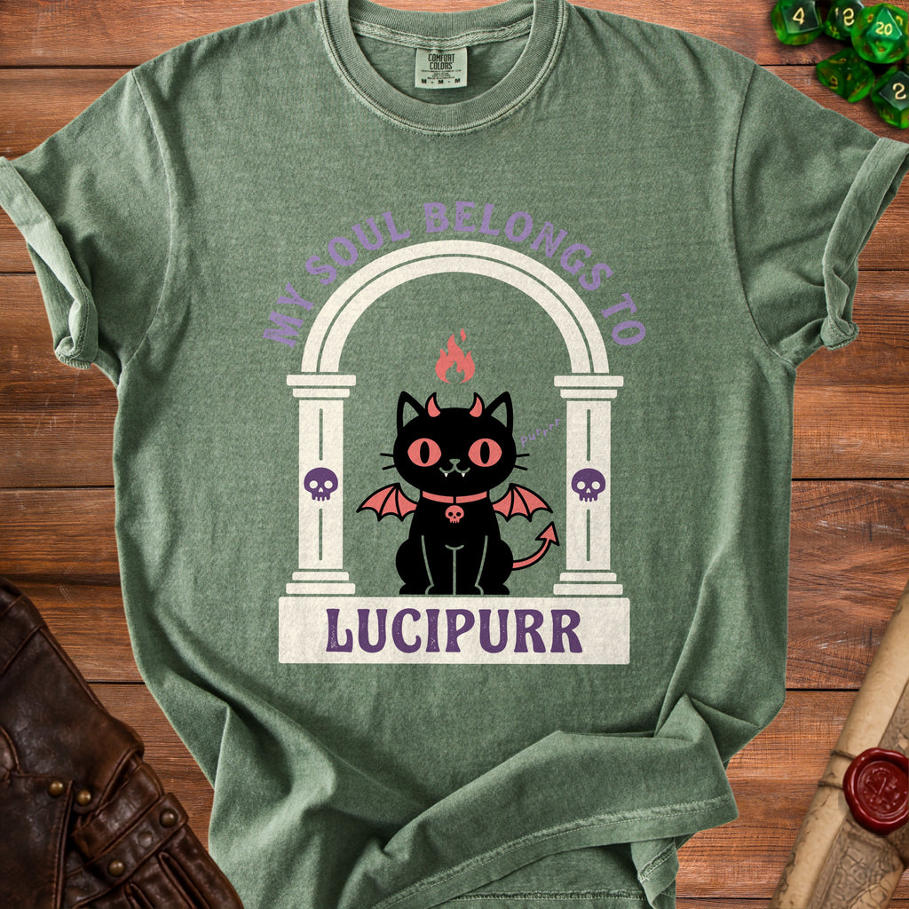 Green t-shirt with "My soul belongs to Lucipurr" text and devil cat illustration.