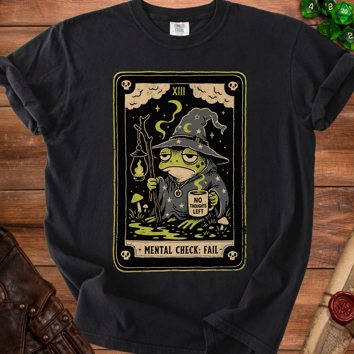 Black t-shirt with wizard frog tarot card design and text "Mental Check: Fail."