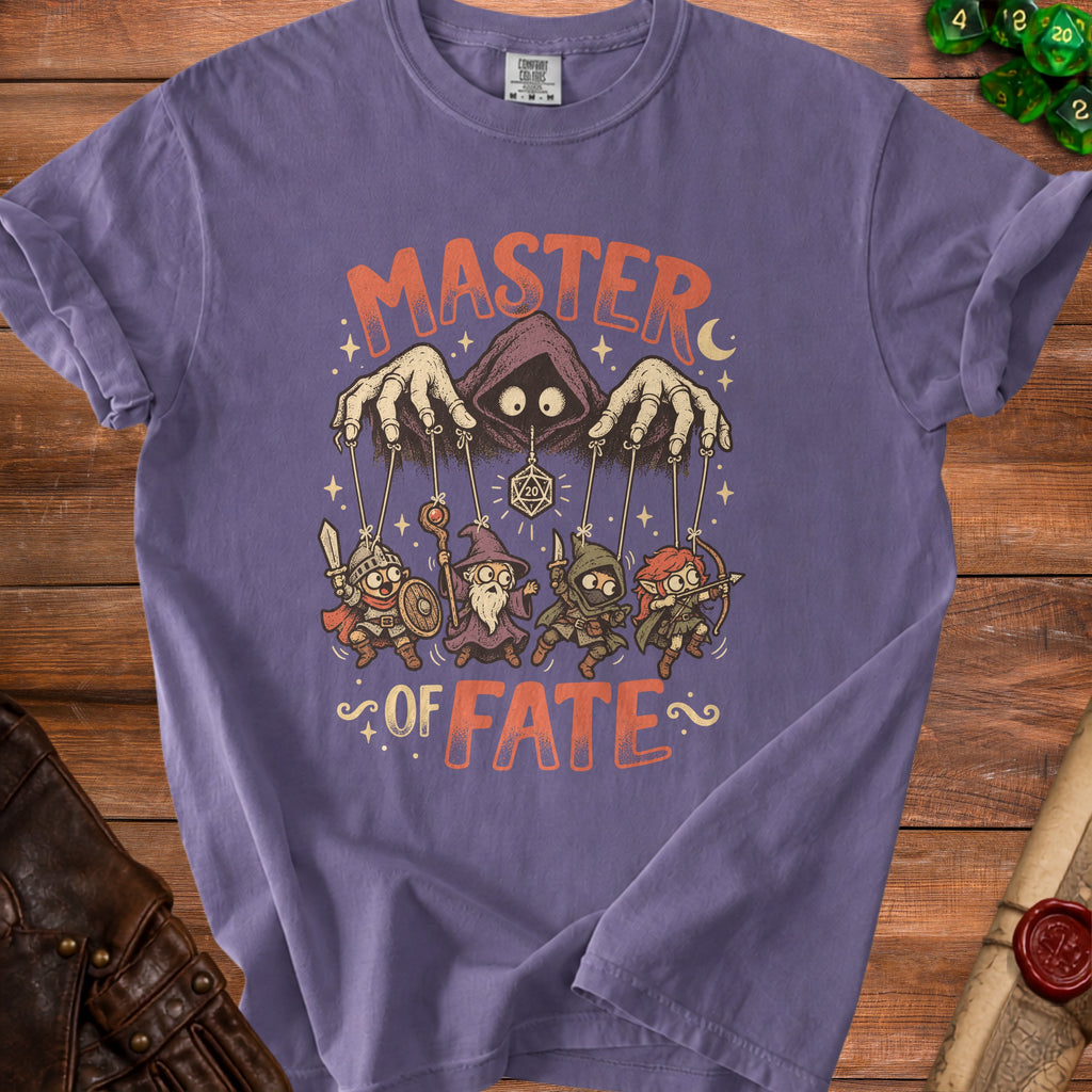 Purple t-shirt with "MASTER OF FATE" text and a D&D master controlling characters.