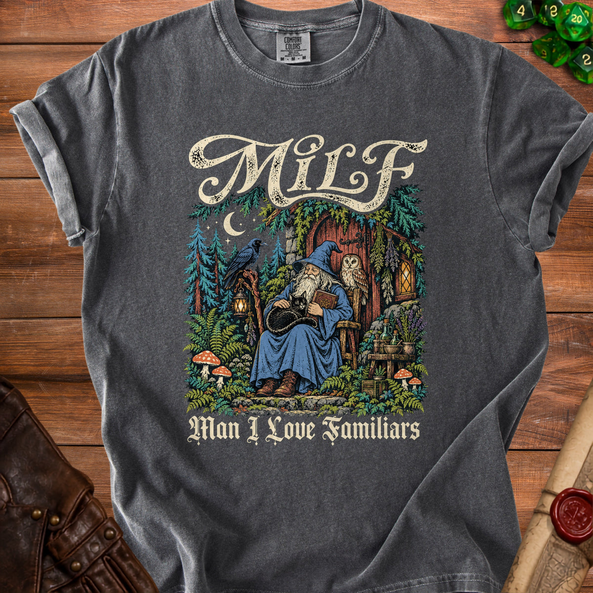 Dark gray t-shirt with wizard, cat, owl, and text "MILF Man I Love Familiars".