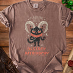 Brown t-shirt with a black cat illustration and "Destroy Patriarchy" text.