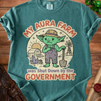 Goblin farmer with shovel and barn under text "My Aura Farm was Shut Down by the Government."