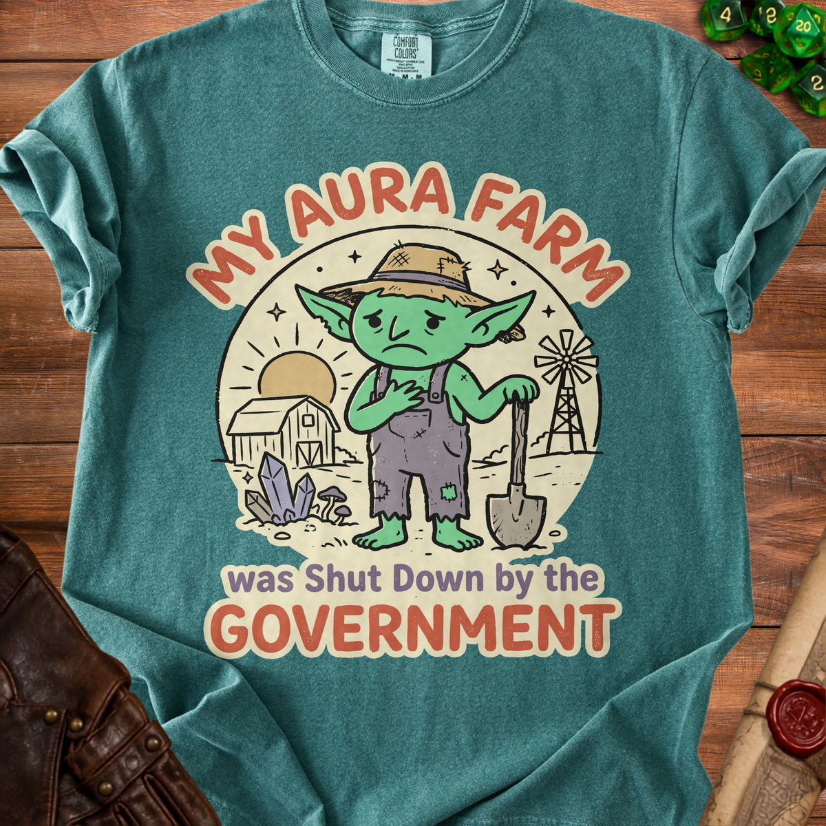 Goblin farmer with shovel and barn under text "My Aura Farm was Shut Down by the Government."