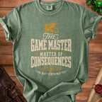Green t-shirt with "The Game Master Master of Consequences" text and dragon graphic.