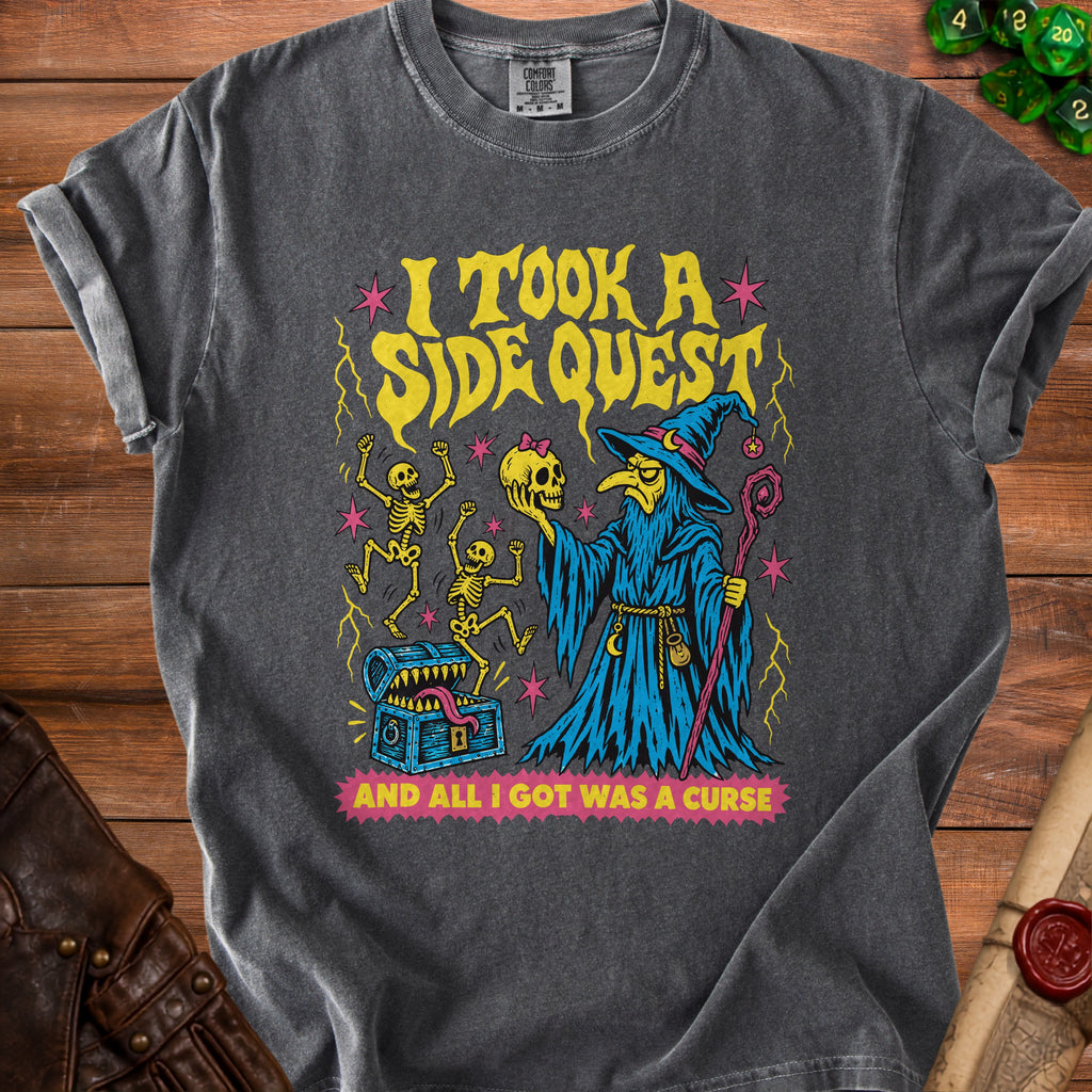 T-shirt with wizard, skeletons, treasure chest, and text: "I took a side quest and all I got was a curse."