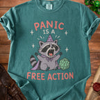 T-shirt with panicked raccoon wearing wizard hat and text "Panic is a free action".