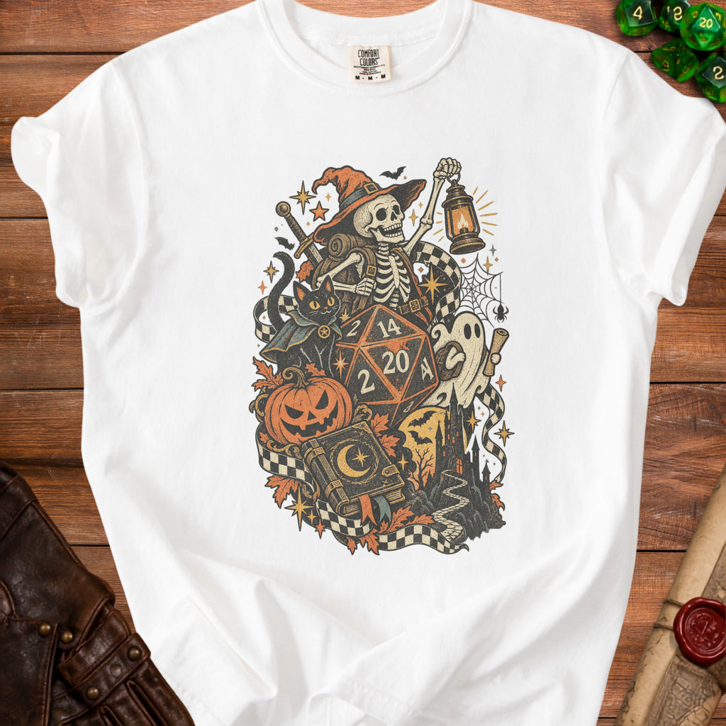 Skeleton wearing a witch hat holding a lantern with dice, pumpkin, cat, and castle.