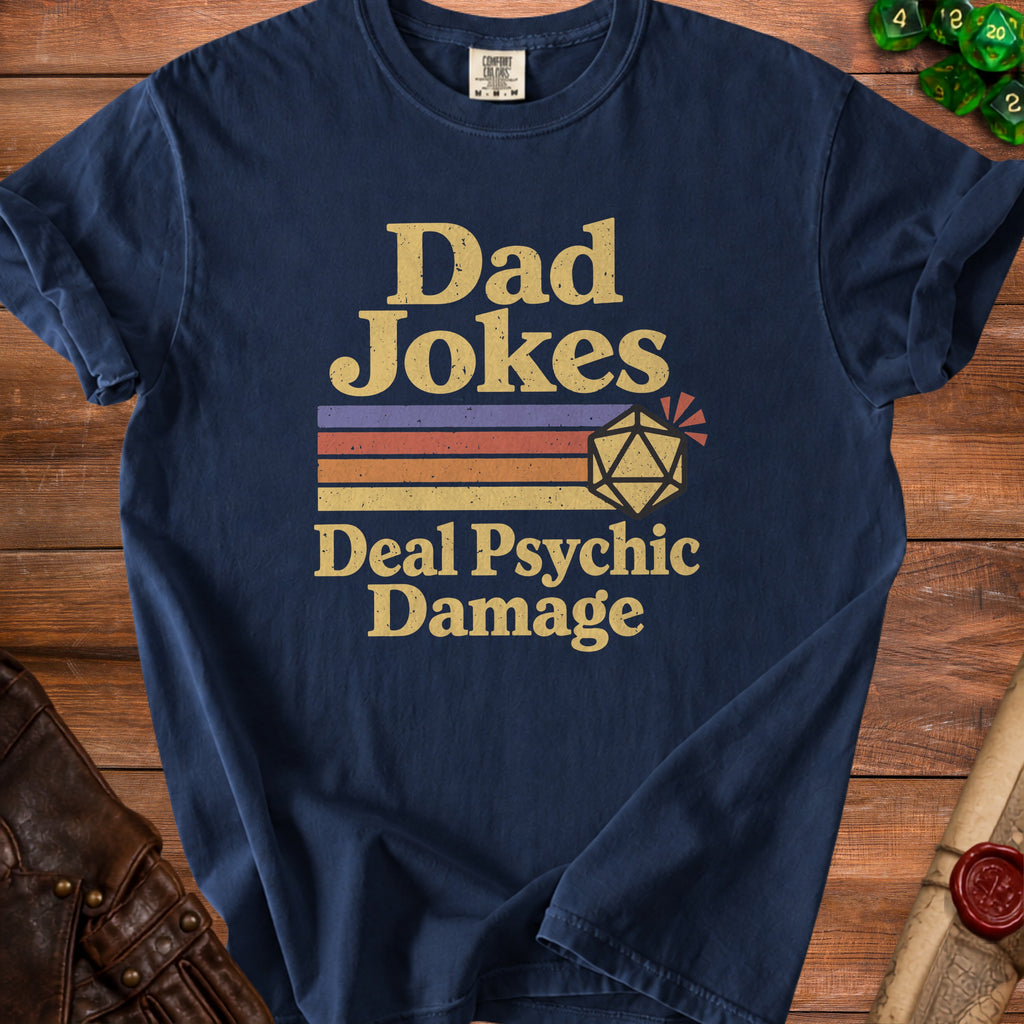 Navy t-shirt with "Dad Jokes Deal Psychic Damage" text and dice graphic.