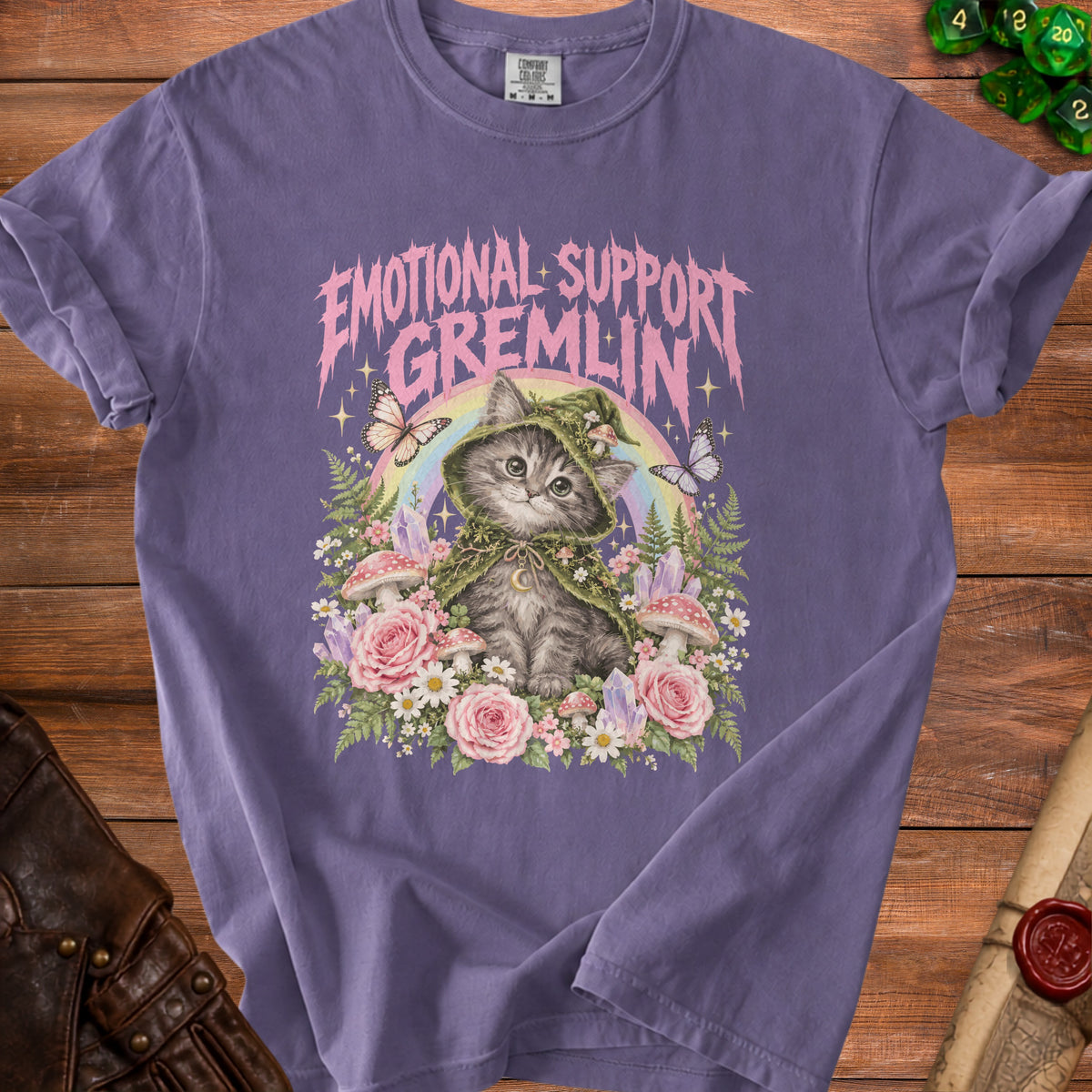 Purple t-shirt with "Emotional Support Gremlin" text over a kitten wearing a mushroom hat.