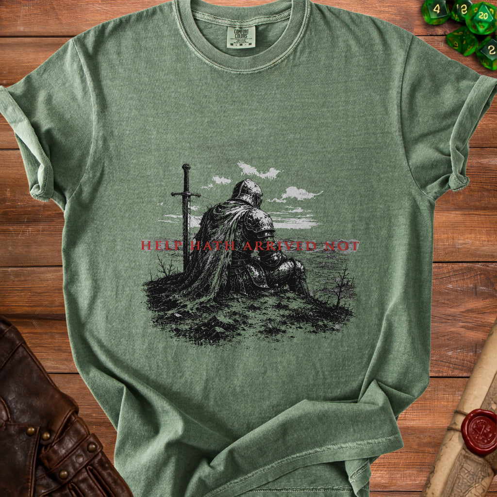 Green t-shirt with knight and sword graphic and red text HEAR MAIL ARRID NOT.