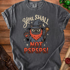 Wizard cat graphic on a dark gray t-shirt with text "You Shall Not Pspsps!".
