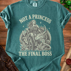 Teal t-shirt with a warrior woman and dragon graphic saying "Not a princess, the final boss".