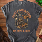 Gray t-shirt with a crest featuring a cat playing dice and the text "Easily Distracted By Cats & Dice".