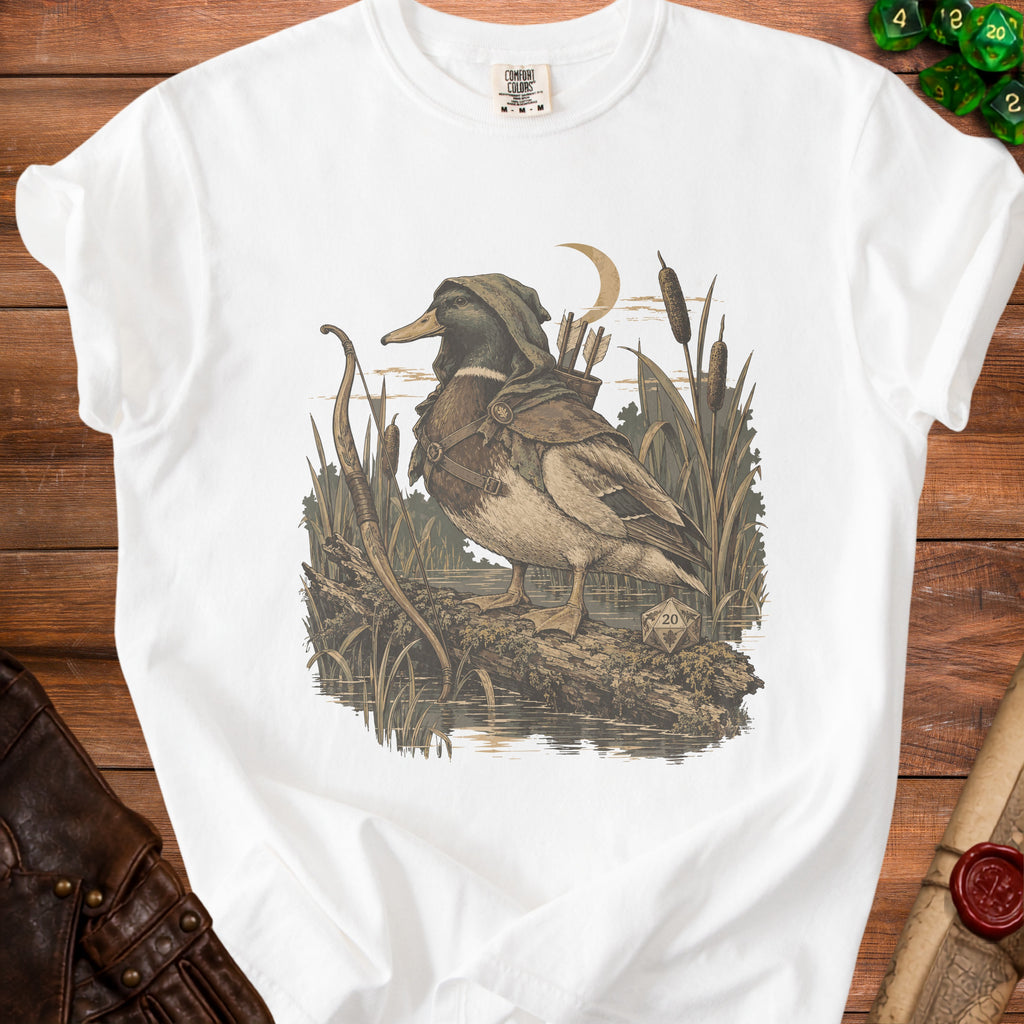 Dungeons and Dragons inspired mallard duck archer with arrows and dice.