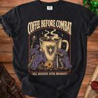Black t-shirt with "Coffee Before Combat" and "Roll Initiative After Breakfast" text.