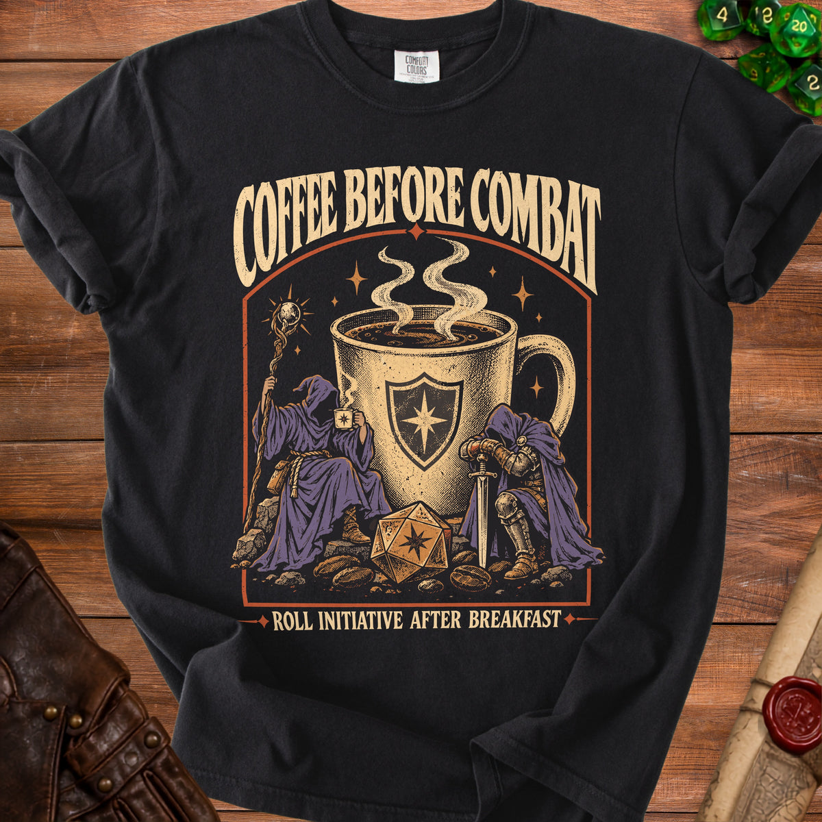 Black t-shirt with "Coffee Before Combat" and "Roll Initiative After Breakfast" text.