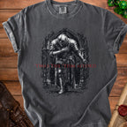 Dark gray t-shirt with black graphic of a knight and red text "I WAS THE 'TISM LORD".