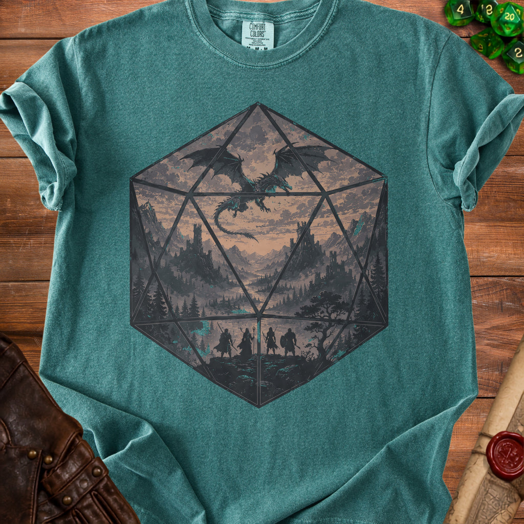 Teal t-shirt with a graphic of a dragon inside a D20 die.