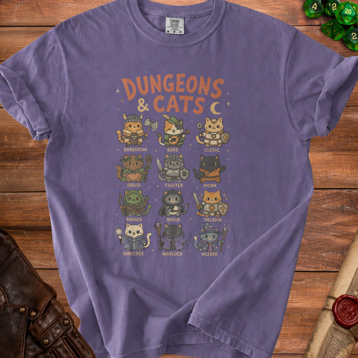 T-shirt with "Dungeons & Cats" graphic featuring cats dressed as D&D characters.
